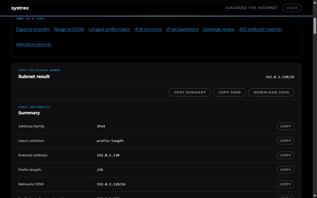 Systrex subnet calculator showing a documentation-address example and its calculated result